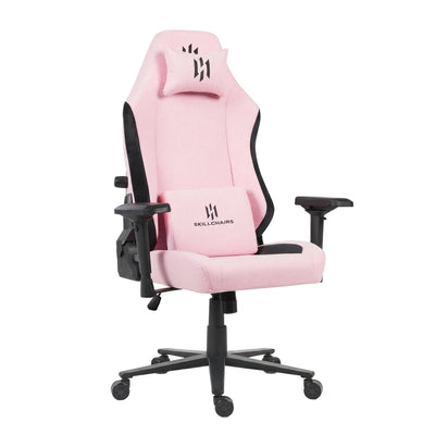 Pink gaming chair with black accents on a white background