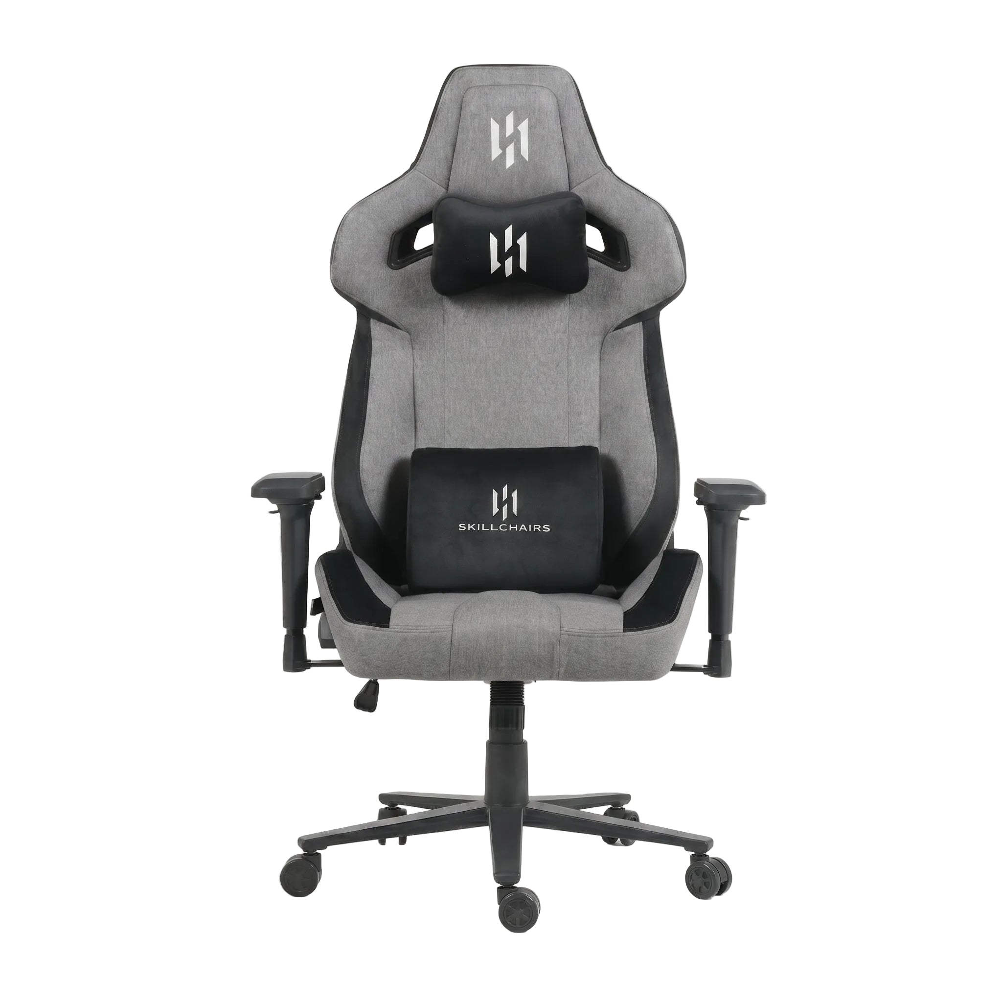 Gray and black gaming chair with 'Skillshairs' logo on a white background