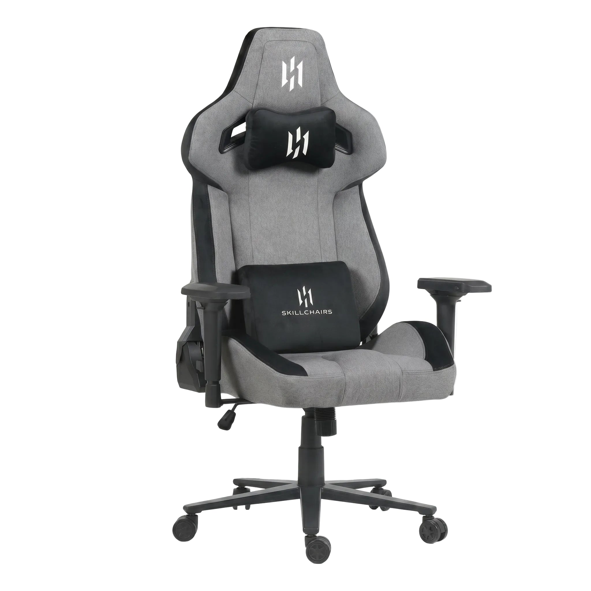Gray gaming chair with black armrest pillows on a white background